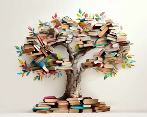 book tree with colorful leaves filled with books representing knowledge and growth featuring two books stacked at the base